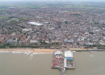 Aerial shot of Clacton beach and town
